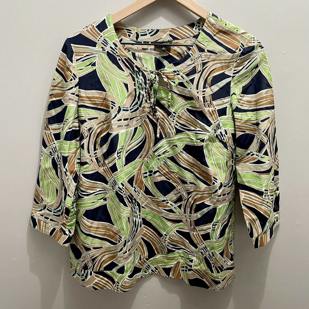 Talbots graphic blouse size 10 silk blend blue green lightweight